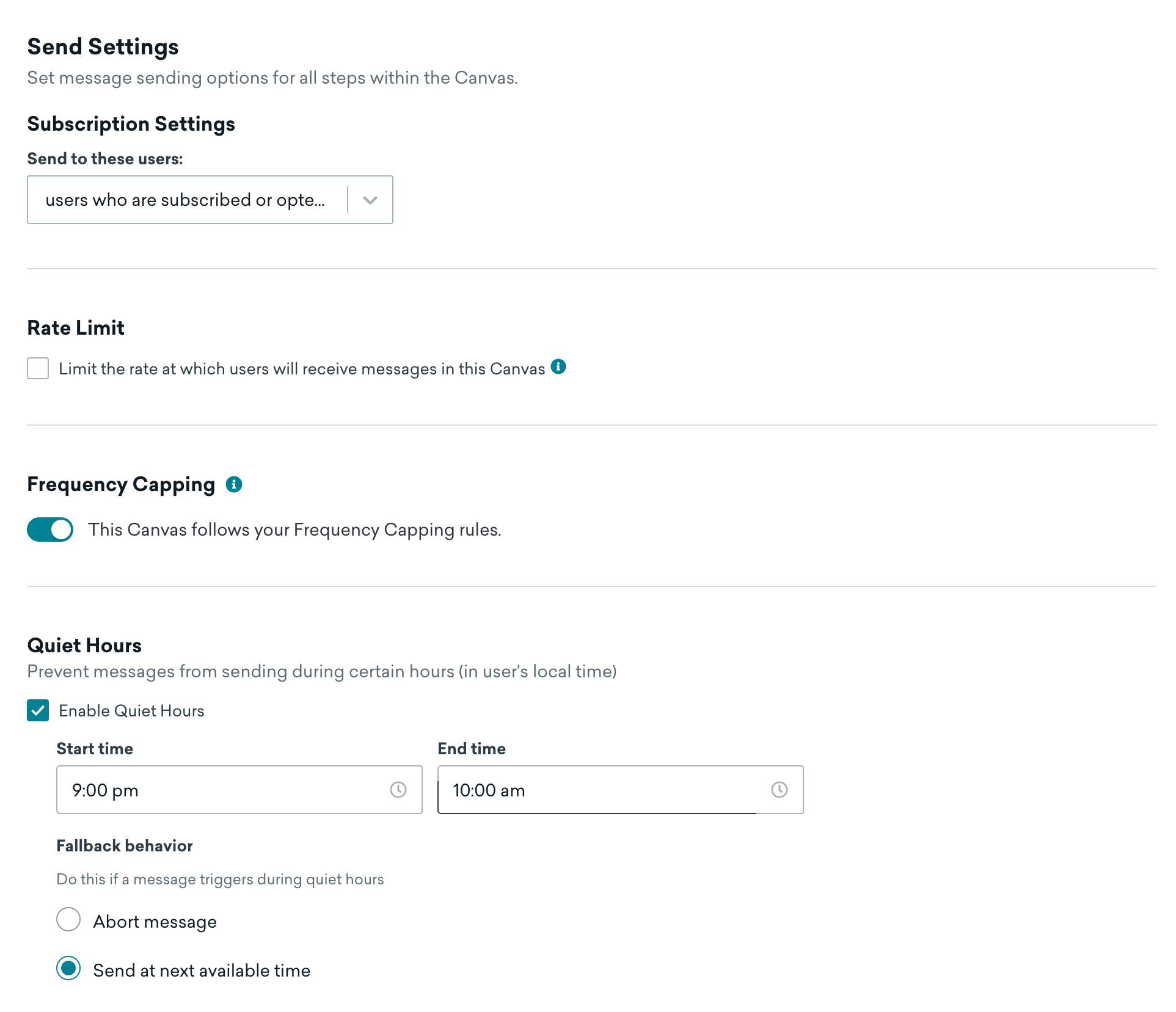 Der Schritt „Send Settings“ richtet sich an Nutzer:innen, die abonniert oder angemeldet sind. Ruhezeiten sind aktiviert.