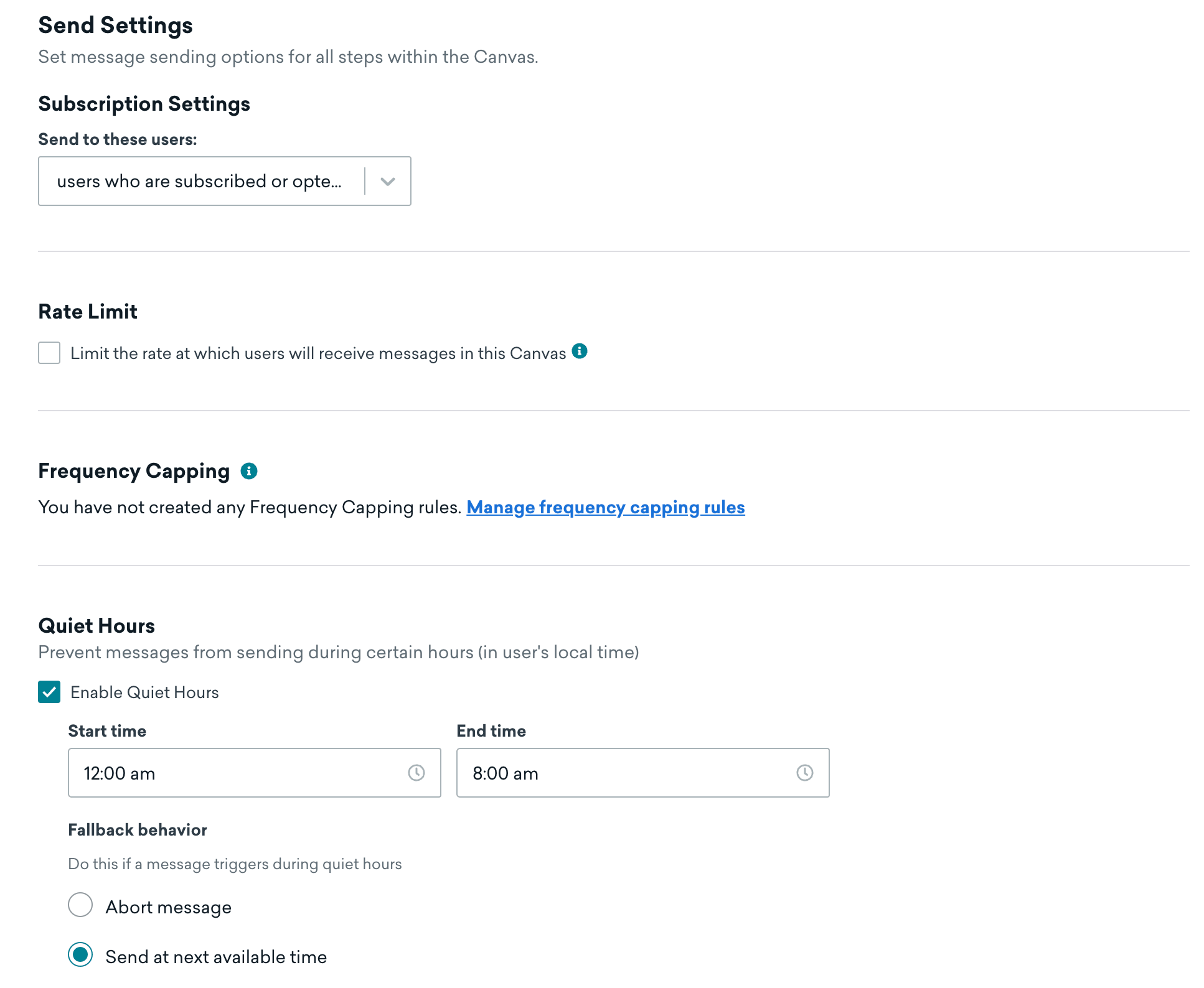 Abschnitt „Send Settings“ mit den Abo-Einstellungen für Nutzer:innen, die abonniert oder angemeldet sind, mit aktivierten Ruhezeiten zwischen 0 Uhr und 20 Uhr.
