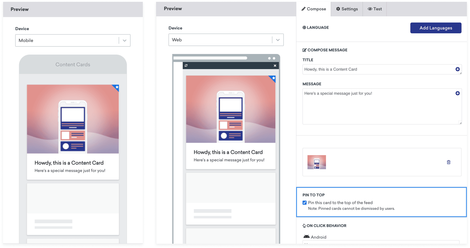 Side-by-Side-Vorschau der Content Cards in Braze für Mobilgeräte und Internet mit aktivierter Option „Diese Karte oben im Feed pinnen“