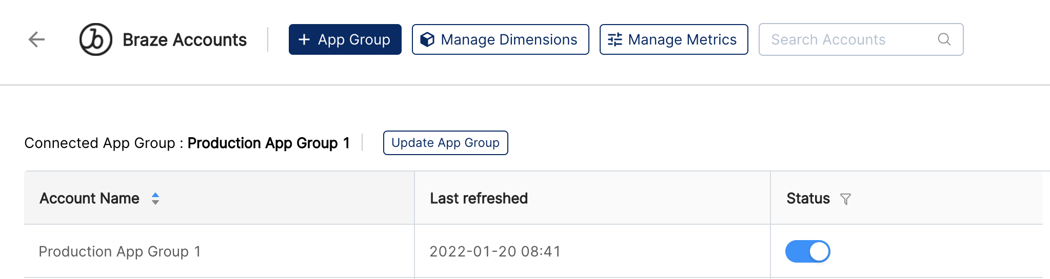 Unter „Braze Accounts“ finden Sie eine Liste der verbundenen Workspaces.