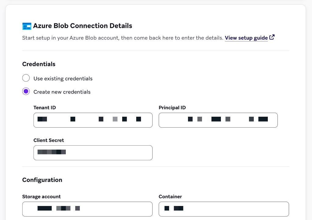 Das Azure-Blob-Verbindungsdetailformular mit den Feldern für Mandanten-ID, Prinzipal-ID, Client-Secret, Speicherkonto und Container.