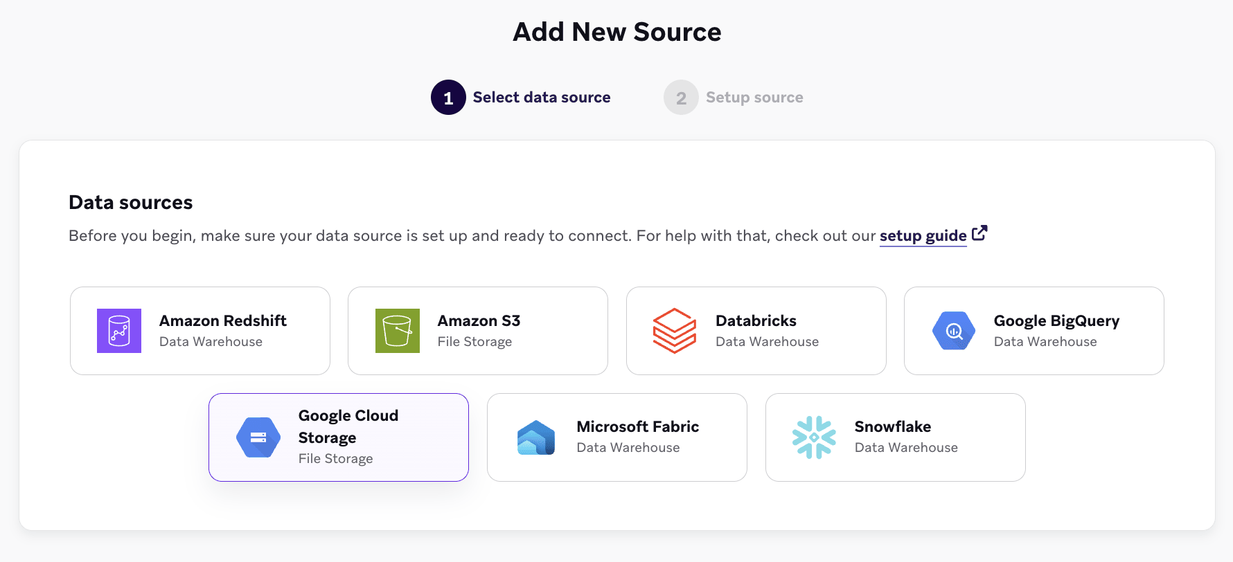 Der Bildschirm „Add New Source“ mit Google Cloud Storage, ausgewählt aus der Liste der Datenquellen.
