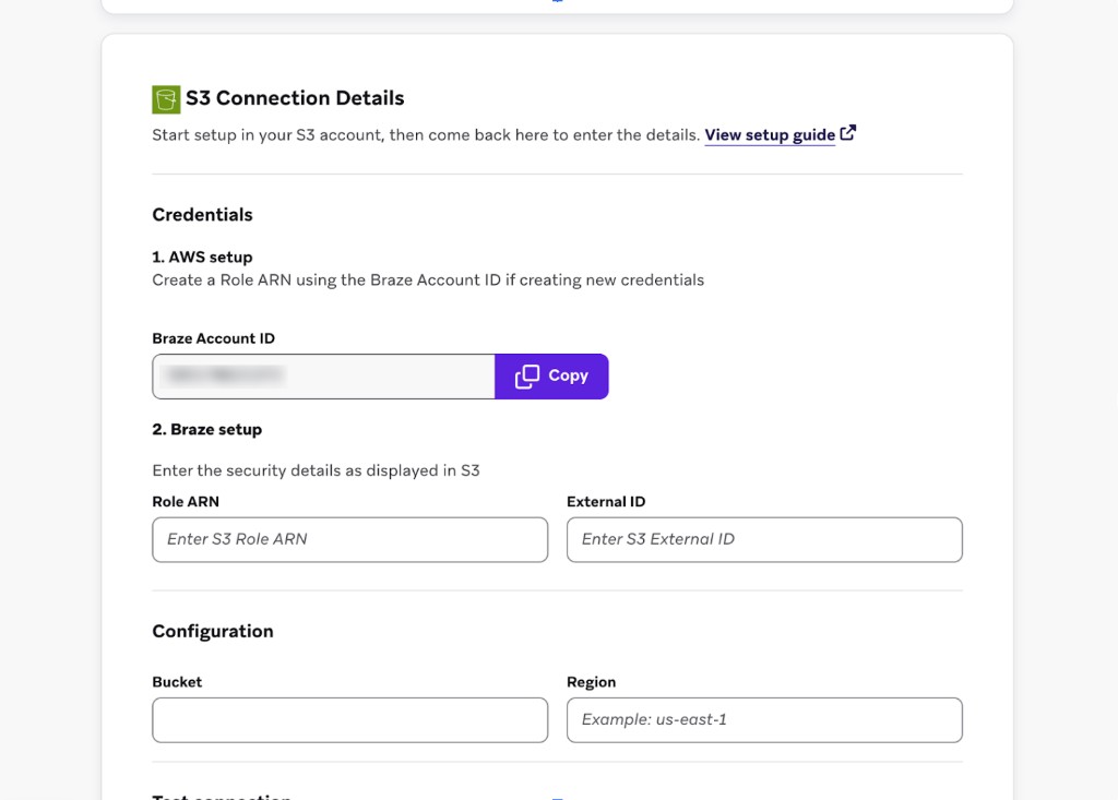 Der Abschnitt „S3 Connection Details“ mit den Feldern für Zugangsdaten (AWS-Einrichtung und Braze-Einrichtung) und Konfiguration.