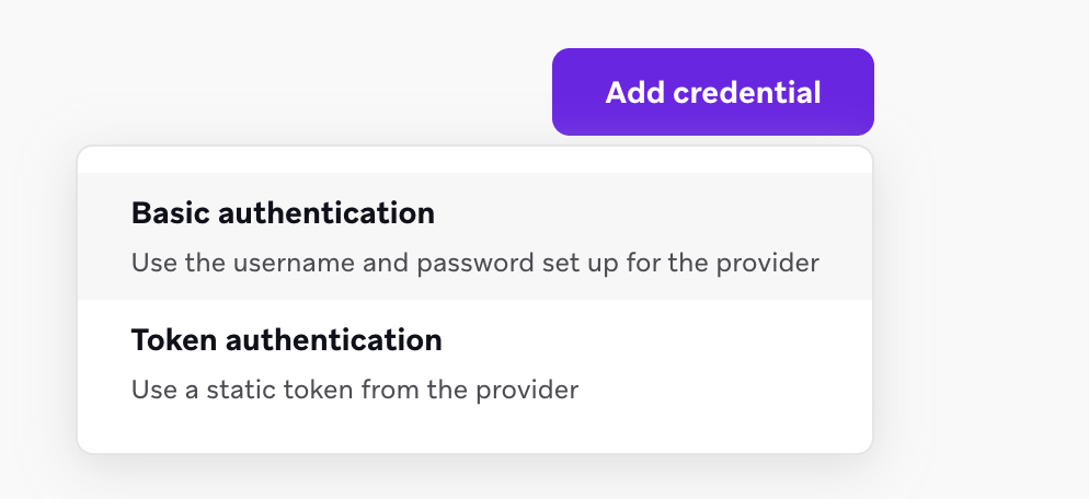 Dropdown „Zugangsdaten hinzufügen“ mit der Option, einfache Authentifizierung oder Token-Authentifizierung zu verwenden.