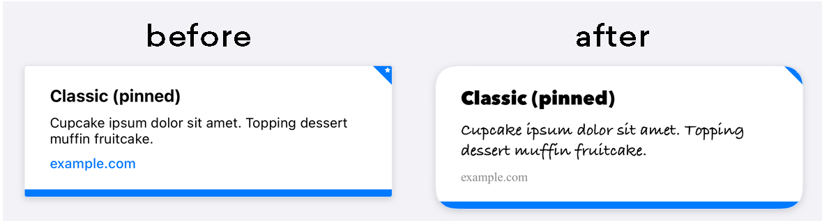 Zwei Content Cards, eine mit der Standard-Schriftart und eckigen Ecken und eine mit abgerundeten Ecken und einer geschwungenen Schriftart