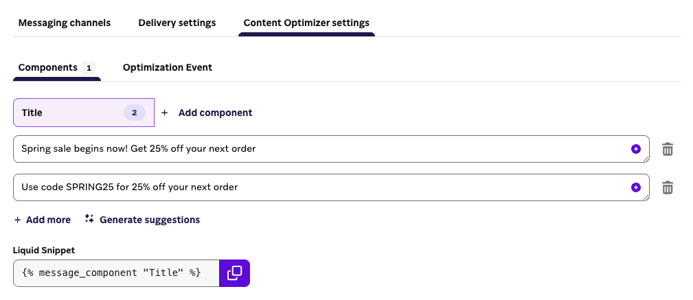 Content Optimizer-Einstellungen mit Optionen zum Hinzufügen und Konfigurieren von Inhaltskomponenten für die Push-Optimierung.