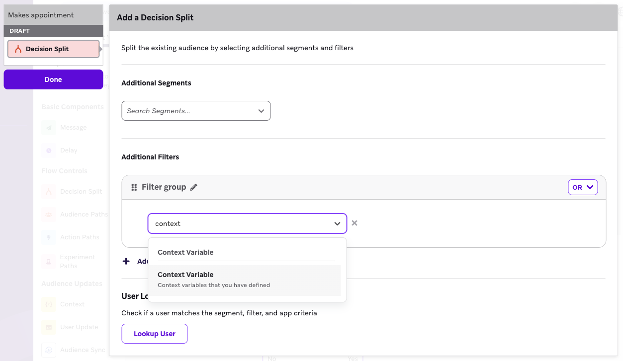 Beispiel eines Decision-Split-Schritts mit der Option, einen Filter mit einer Kontextvariable zu erstellen.