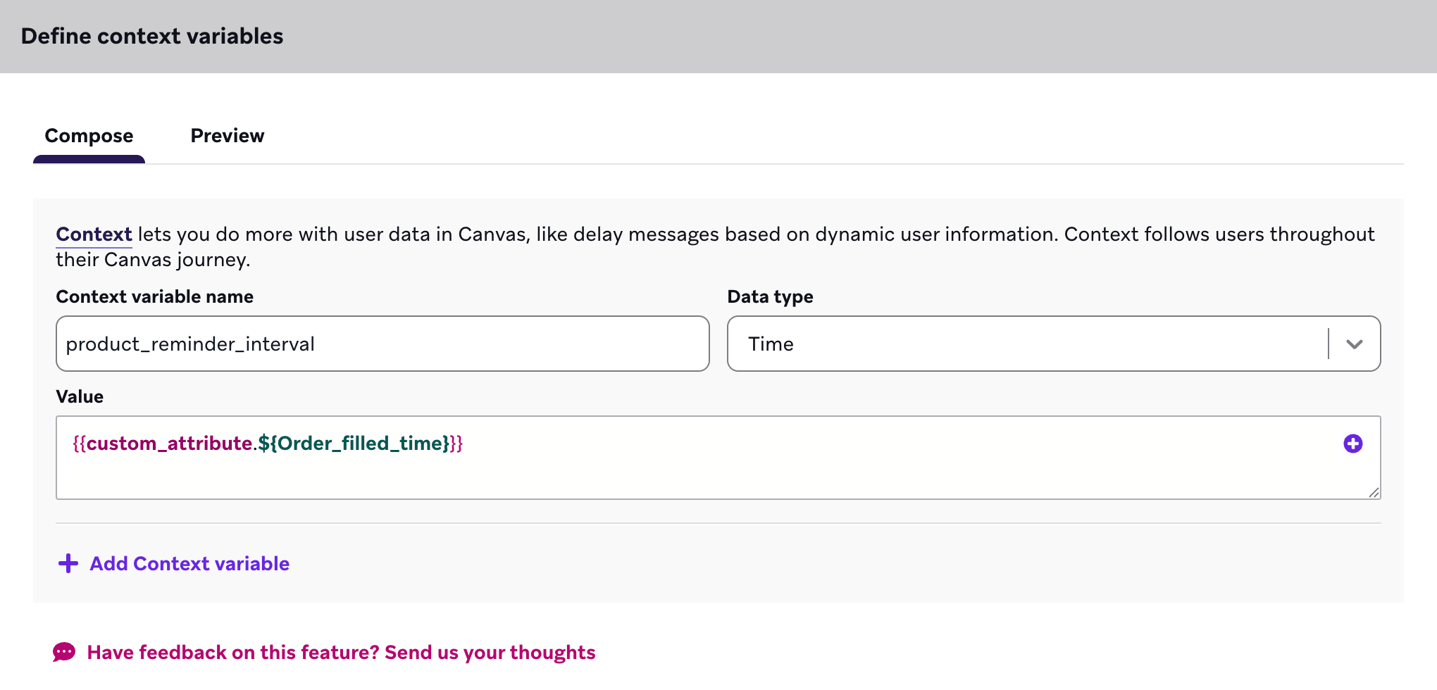 Die Kontextvariable „product_reminder_interval“ und ihr Wert.