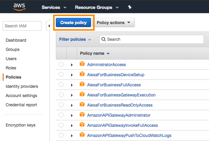 Der Button „Create Policy“ in der AWS-Konsole.