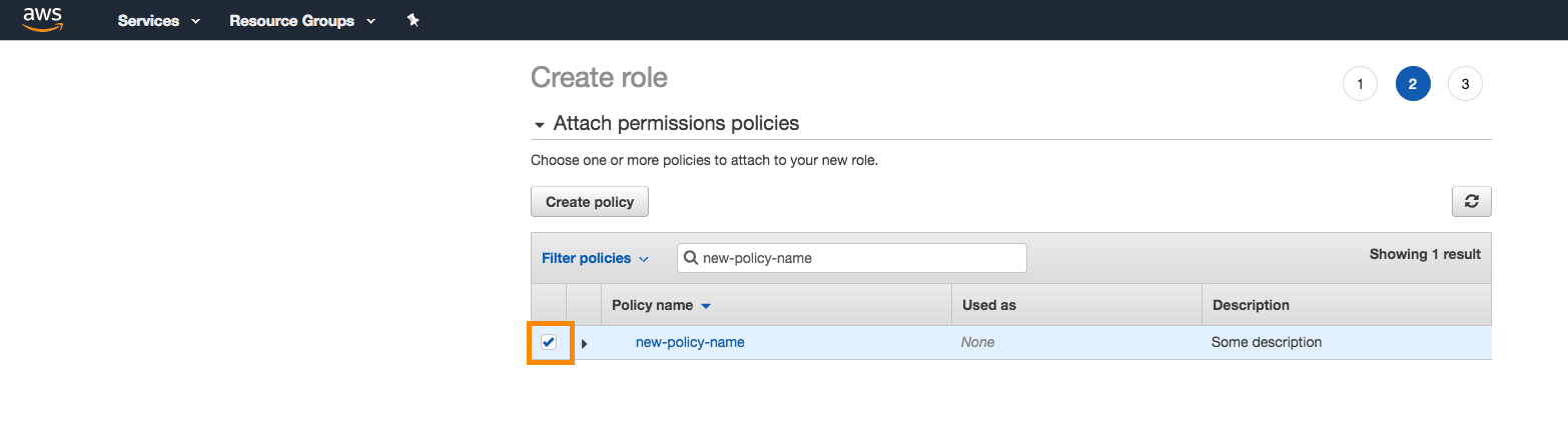 Rollen-ARN mit der ausgewählten Richtlinie „new-policy-name“.