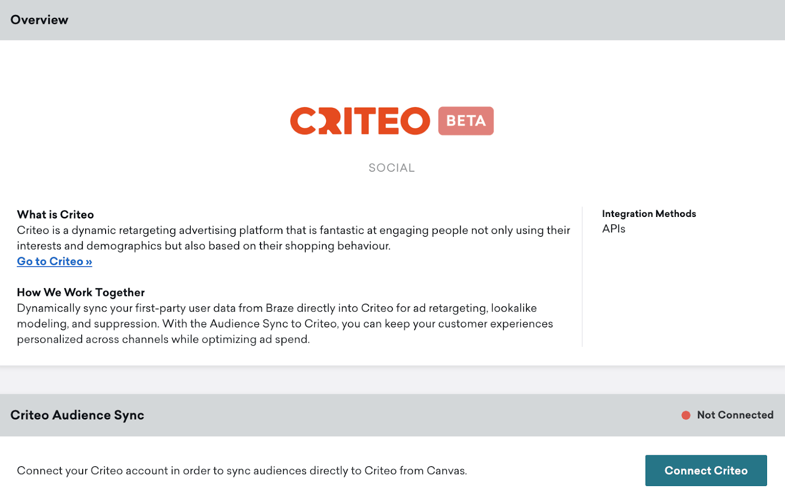 Criteo-Technologieseite in Braze mit einem Übersichtsbereich und einem Criteo-Bereich mit dem Button „Connect Criteo“.