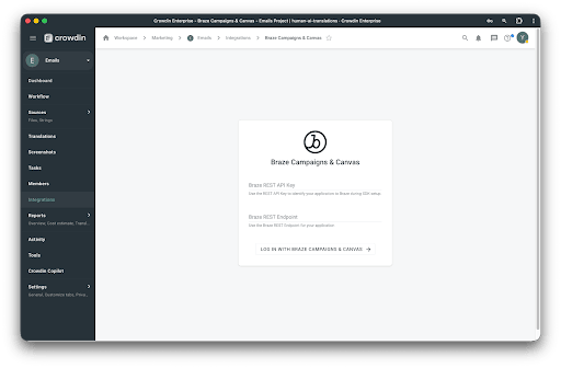 Crowdin-Verbindungsformular für Braze Campaigns & Canvas mit REST-API-Schlüssel, REST-Endpunkt und „Log in with Braze Campaigns & Canvas“.