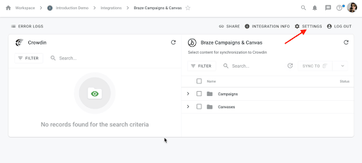 Integrationsbildschirm von Braze Campaigns & Canvas mit „Settings“ in der oberen Aktionsleiste.