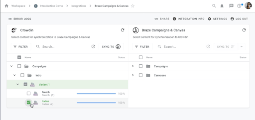 Crowdin- und Braze-Campaigns-&-Canvas-Panels mit Ordnern für Campaigns und Locales, „Sync to Braze“ und „Sync to Crowdin“.