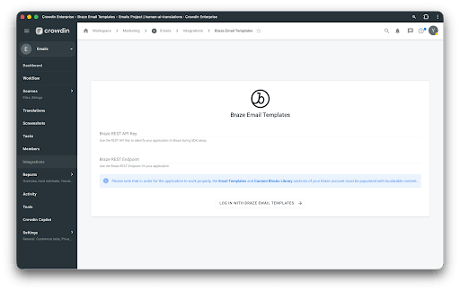 Crowdin-Verbindungsformular für Braze Email Templates mit REST-API-Schlüssel, REST-Endpunkt und „Log in with Braze Email Templates“.