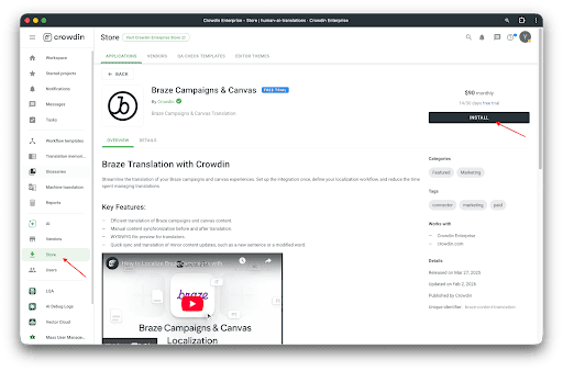 Crowdin Store mit ausgewähltem „Braze Campaigns & Canvas“ und hervorgehobenem „Install“.