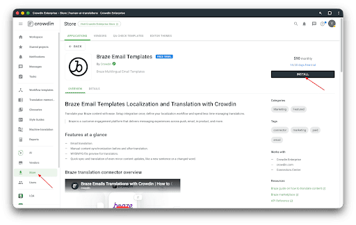Crowdin Store mit ausgewähltem „Braze Email Templates“ und hervorgehobenem „Install“.