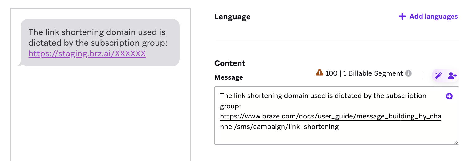 Vorschau des SMS-Nachrichten-Editors mit einer verkürzten Link-Domain, die sich von der Domain im Feld „Nachricht“ unterscheidet.
