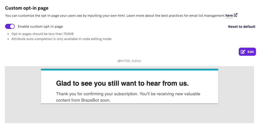 Angepasste Opt-in-E-Mail mit der Nachricht „Glad to see you still want to hear from us“.