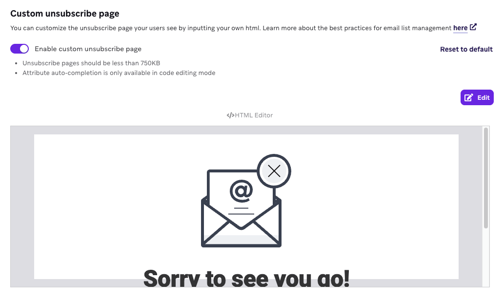 Angepasste Abmeldeseite mit der Vorschau „Sorry to see you go!“.