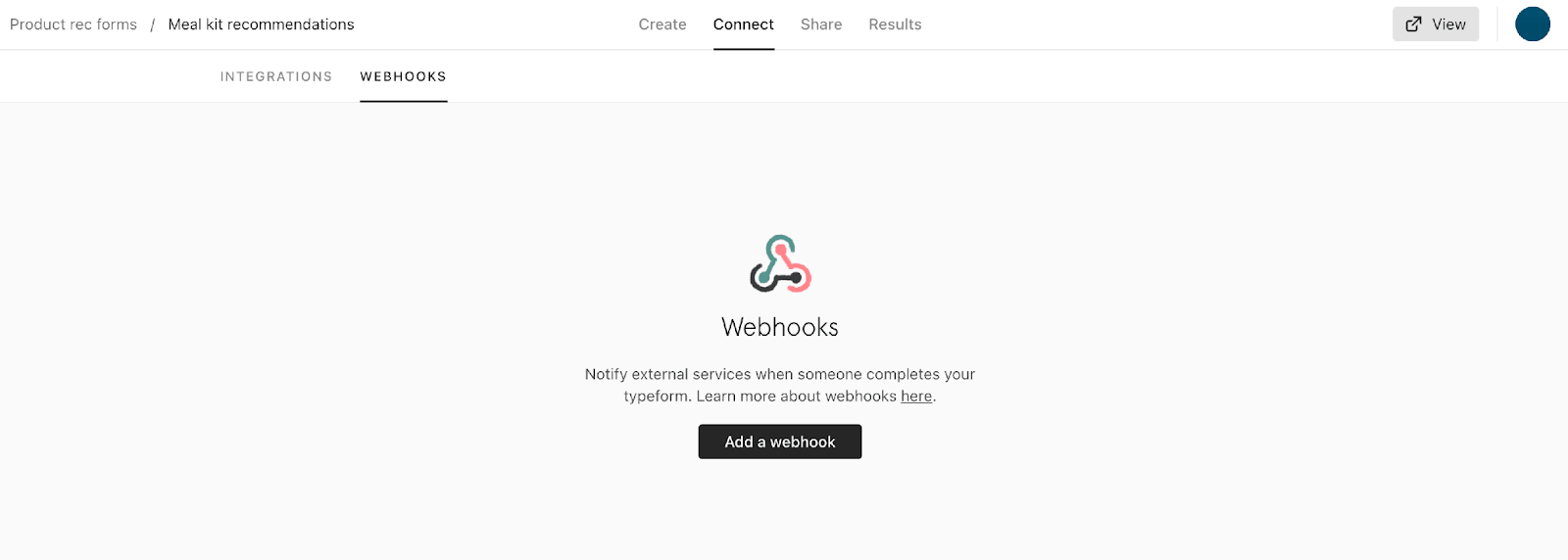 Ein Beispiel für eine Typeform-Webhook-Nutzlast in den Typeform-Plattformeinstellungen.