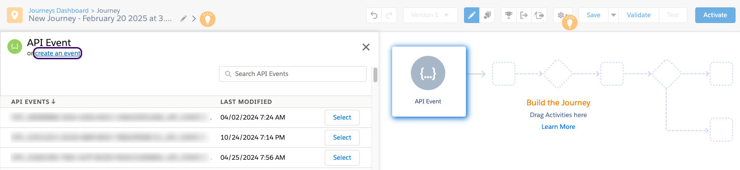 Die Option „Create an event“ im API Event.