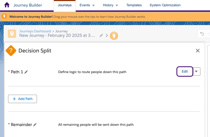 Decision-Split-Details mit dem Button „Edit“.