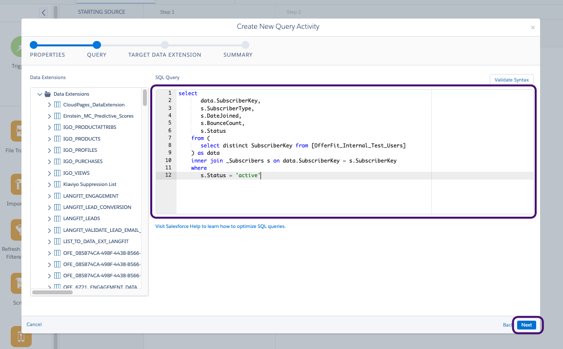 Eine Beispielabfrage im Abschnitt „SQL Query“.
