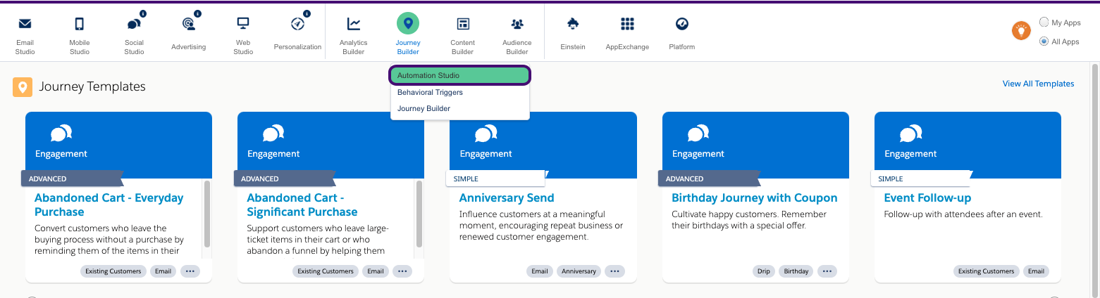 Option „Automation Studio“ in der Journey Builder-Navigation.