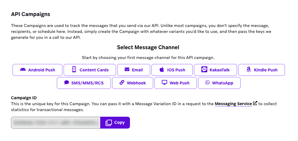 Option zum Auswählen Ihres Messaging-Kanals für die API-Kampagne.