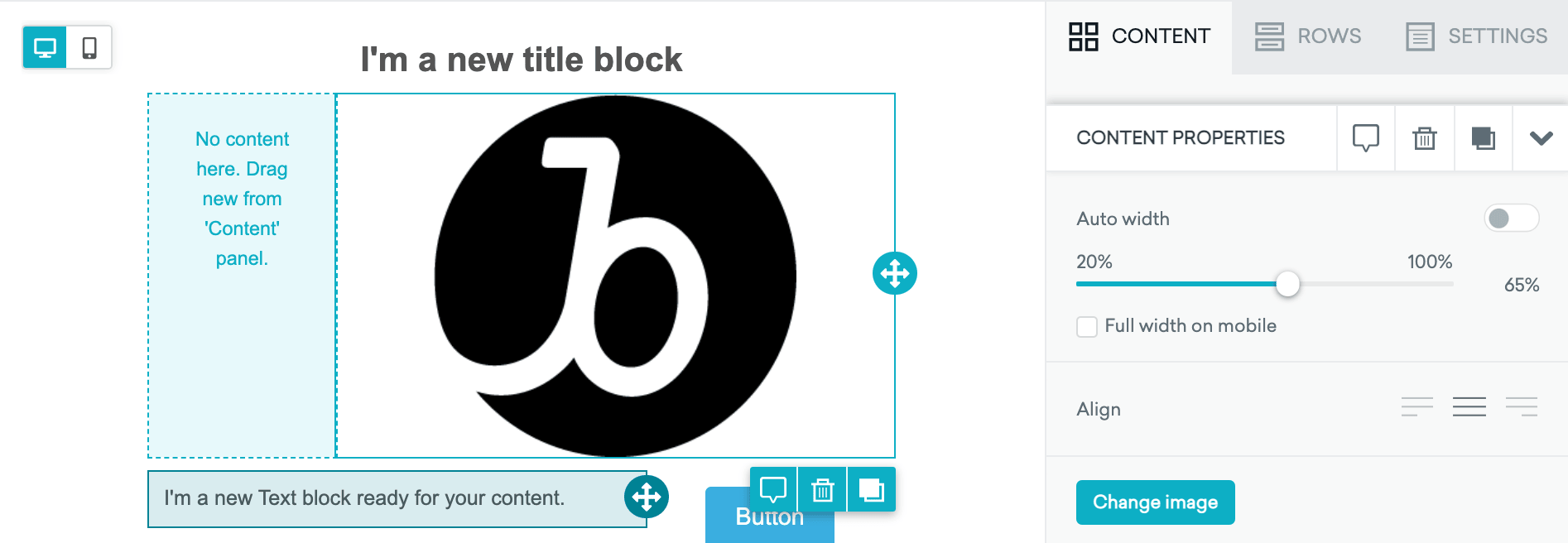 Option „Auto width“ im Content-Tab des Drag-and-Drop-Editors.