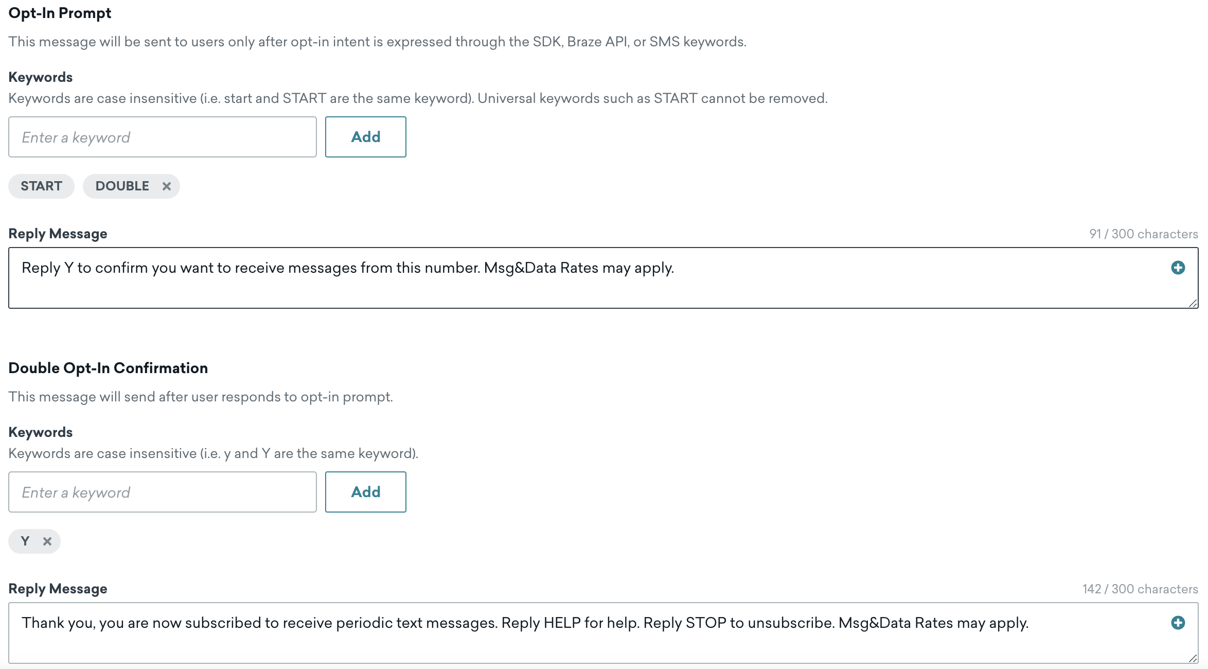 Die konfigurierbaren Felder haben zwei Bereiche: „Opt-In Prompt“ und „Double Opt-In Confirmation“, jeweils mit den Feldern „Keywords“ und „Reply Message“.