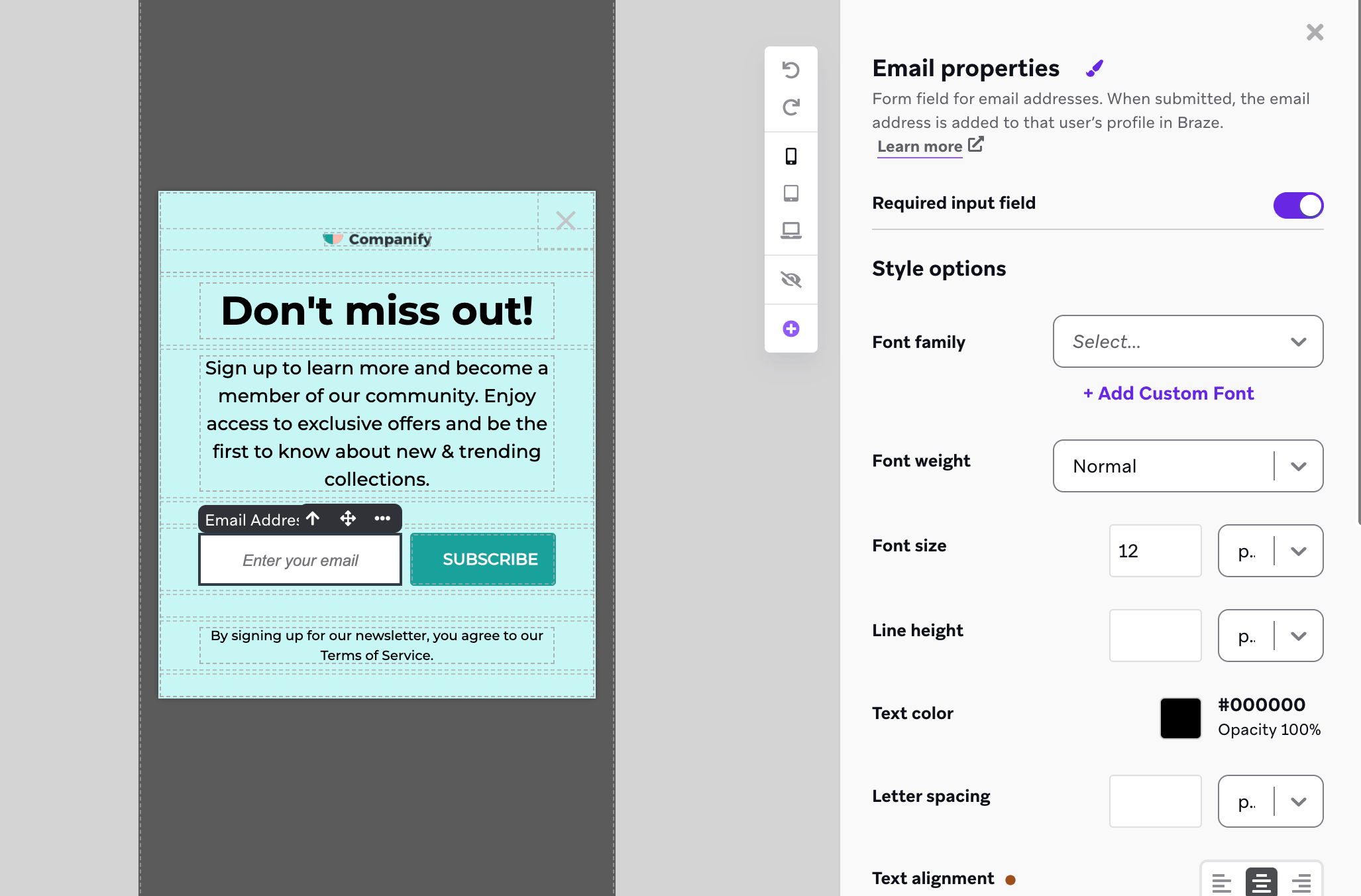 Der In-App-Nachrichten-Editor mit einem Seitenmenü zum Anpassen des E-Mail-Erfassungselements.