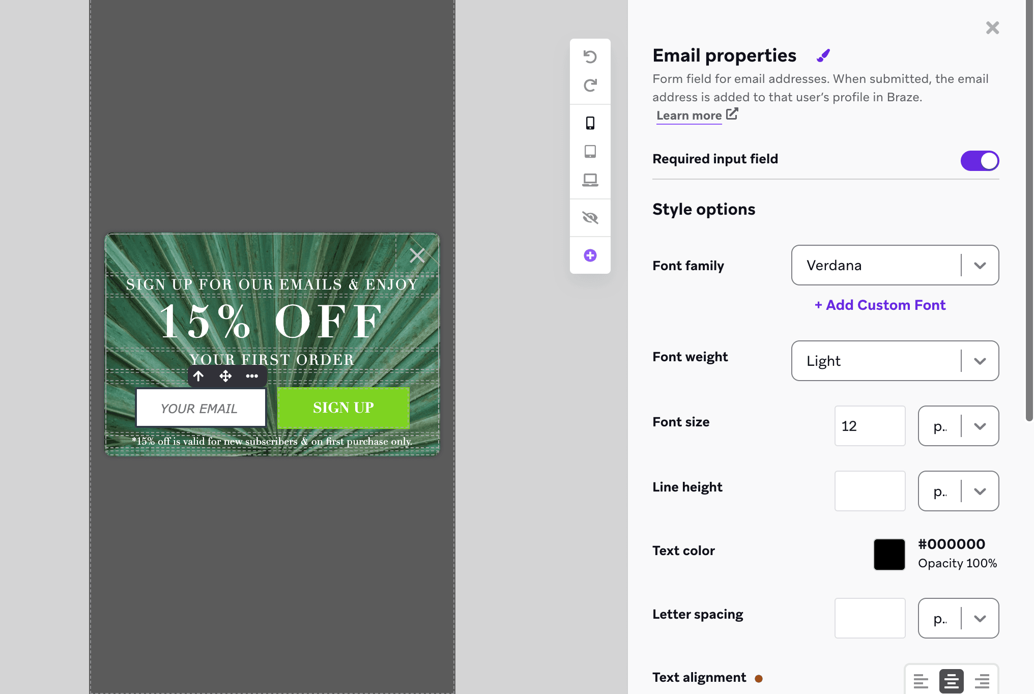 Der In-App-Nachrichten-Editor mit einem Seitenmenü zum Anpassen des E-Mail-Erfassungselements.