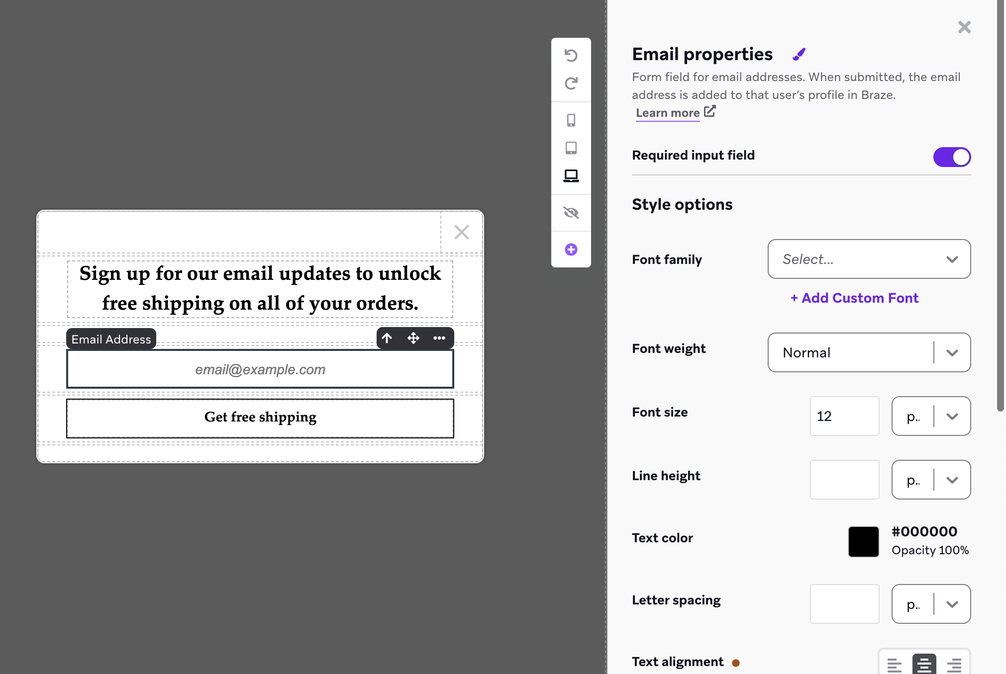 Der In-App-Nachrichten-Editor mit einem Seitenmenü zum Anpassen des E-Mail-Erfassungselements.