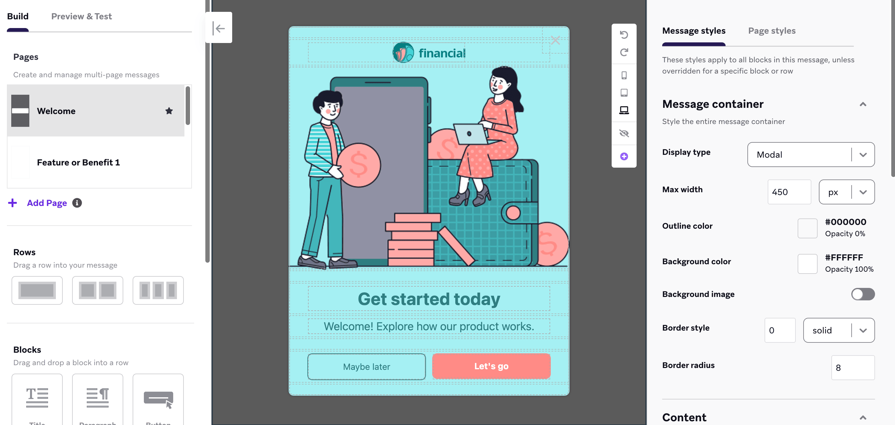 Der In-App-Nachrichten-Editor mit dem Onboarding-Flow-Template.
