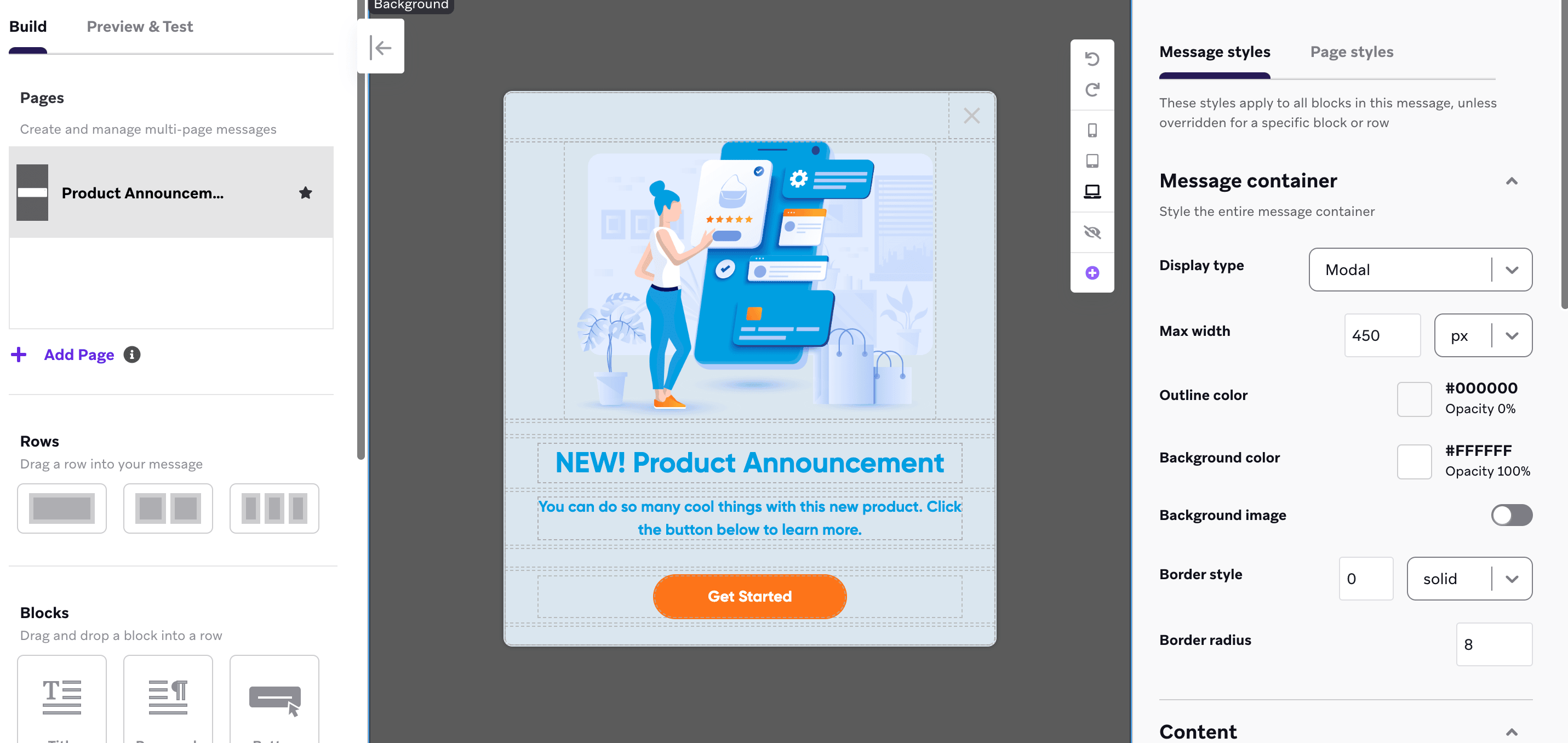 Der In-App-Nachrichten-Editor mit dem Template für eine Produktankündigung.