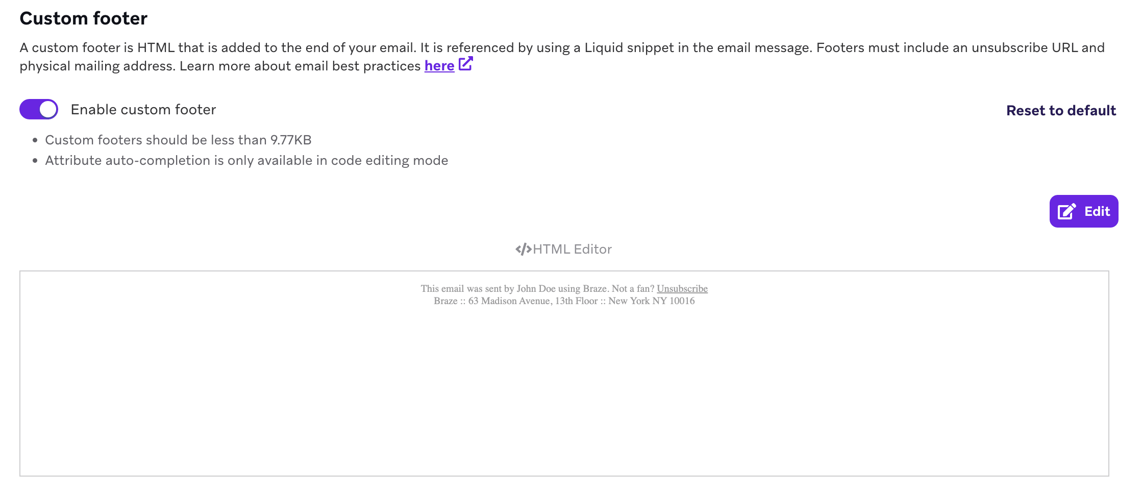 Editor für angepasste E-Mail-Fußzeilen mit Feldern für Abmeldelink und Postanschrift zur CAN-SPAM-Konformität.