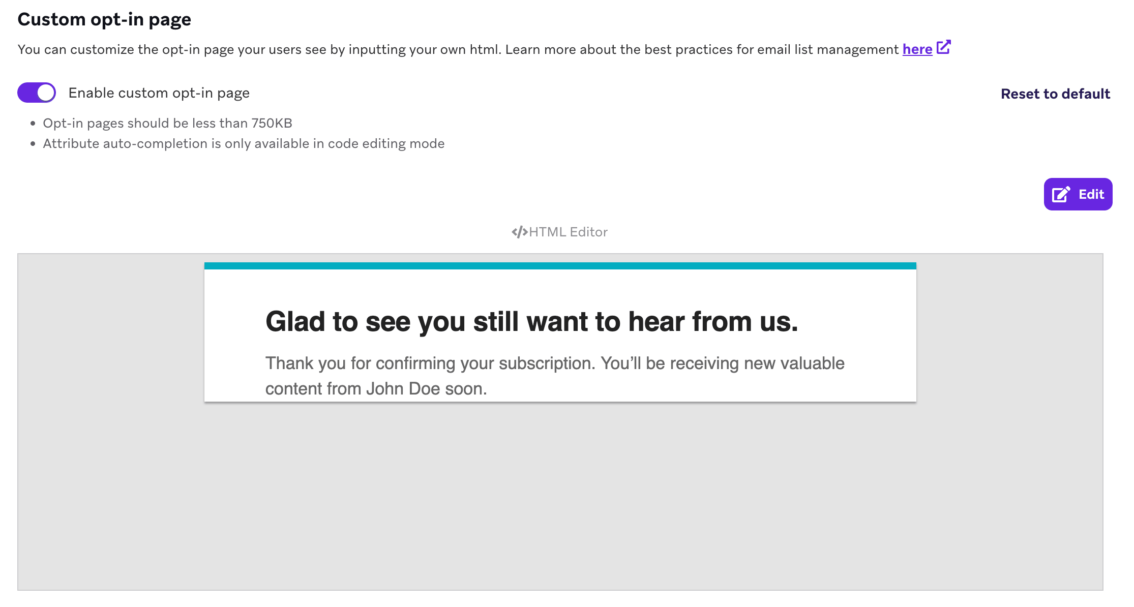 HTML-Editor und Vorschau für die angepasste Opt-in-Seite zur gebrandeten E-Mail-Abo-Bestätigung.