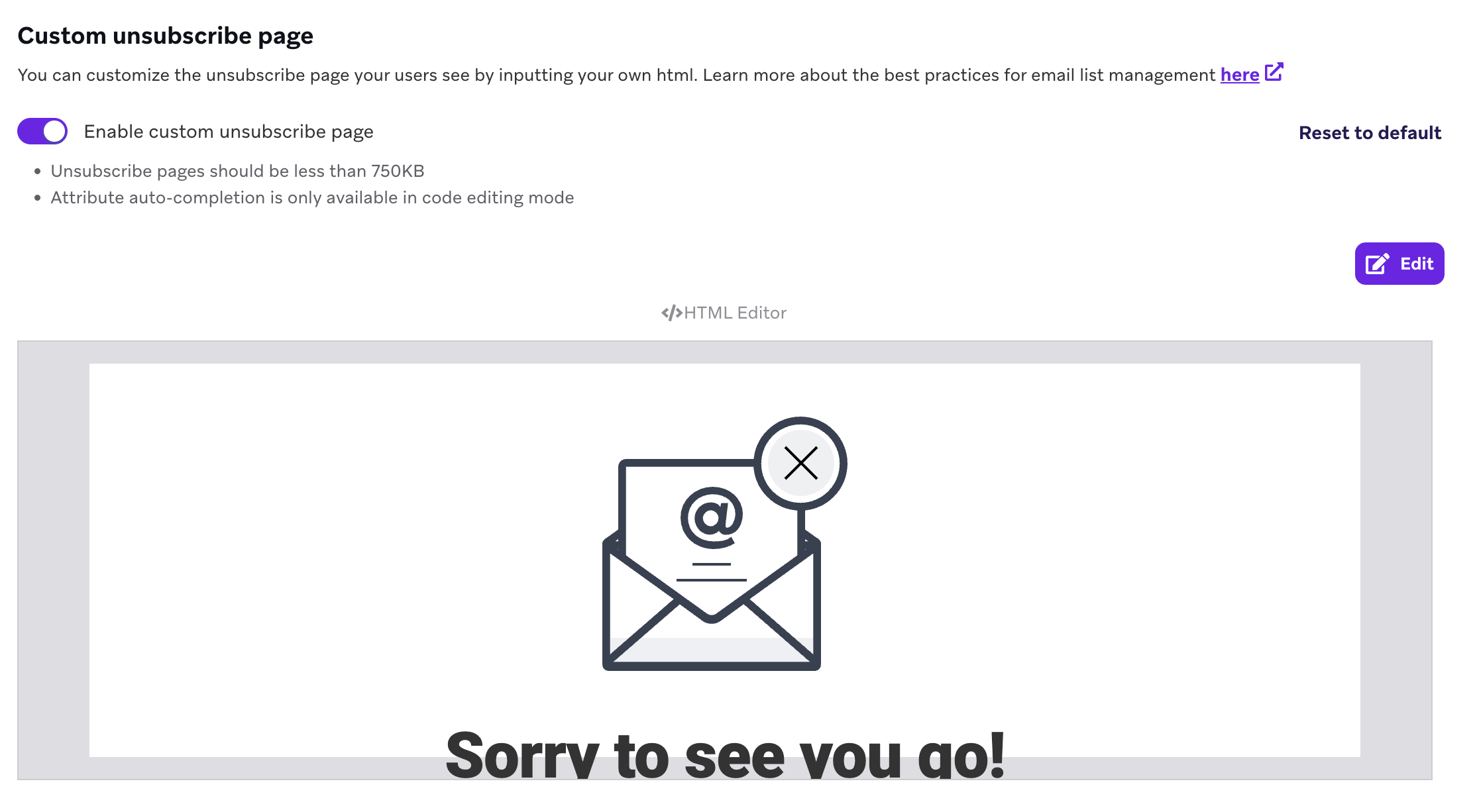 HTML-Editor und Vorschau für die angepasste Abmeldeseite, die nach der Abmeldung von E-Mails angezeigt wird.