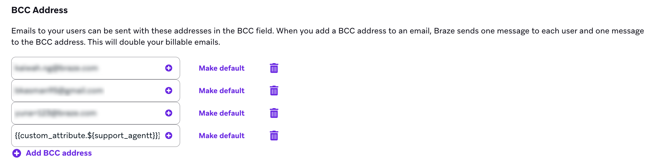BCC-Adressabschnitt des Tabs „E-Mail-Einstellungen“ mit einer BCC-Adresse, die Liquid verwendet.