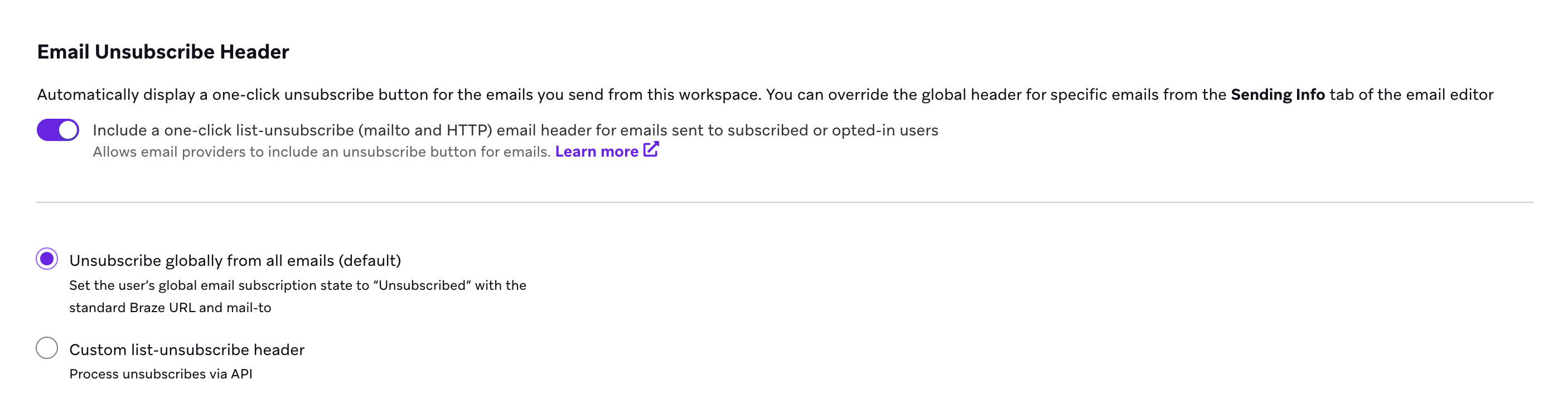 Option zum automatischen Einschließen eines List-Unsubscribe-Headers für E-Mails an abonnierte oder angemeldete Nutzer:innen.