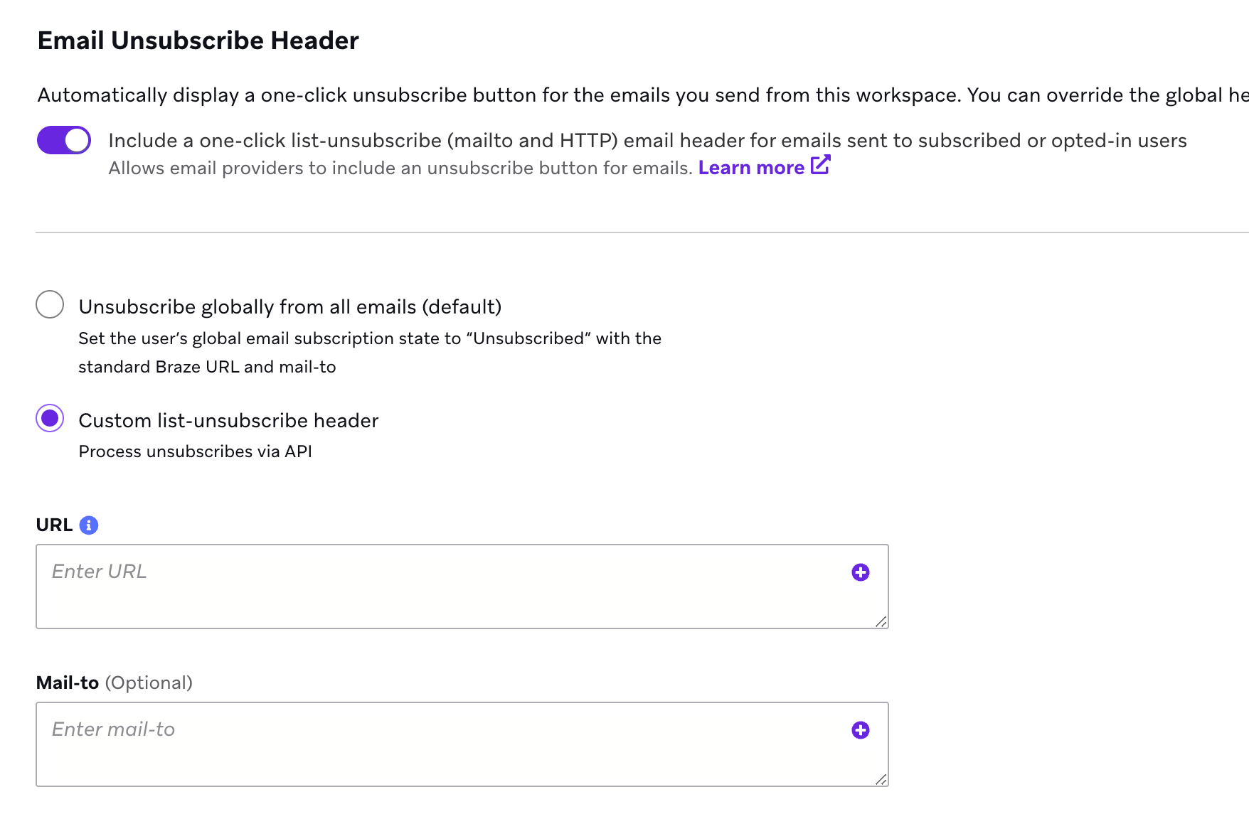 E-Mail-Präferenzen mit Feldern für einen angepassten List-Unsubscribe-Header für eine One-Click-Abmelde-URL und ein optionales Mailto.