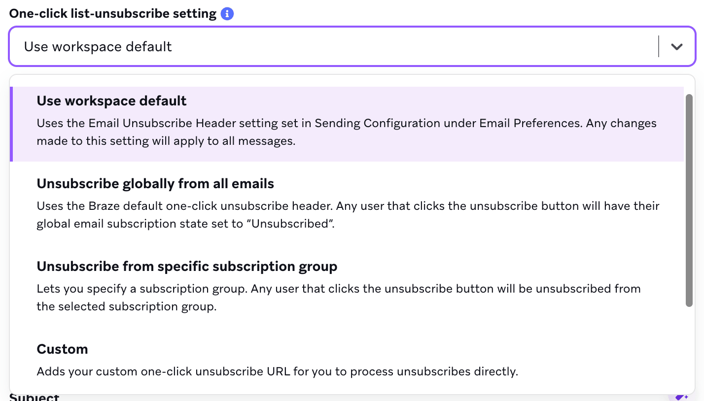 Sendeeinstellungen im E-Mail-Editor mit One-Click-List-Unsubscribe-Optionen auf Nachrichtenebene, einschließlich Workspace-Standard und angepasster URL.