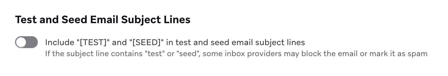 Workspace-E-Mail-Präferenz-Schalter, der TEST- und SEED-Präfixe zu Test- und Seed-E-Mail-Betreffzeilen hinzufügt.