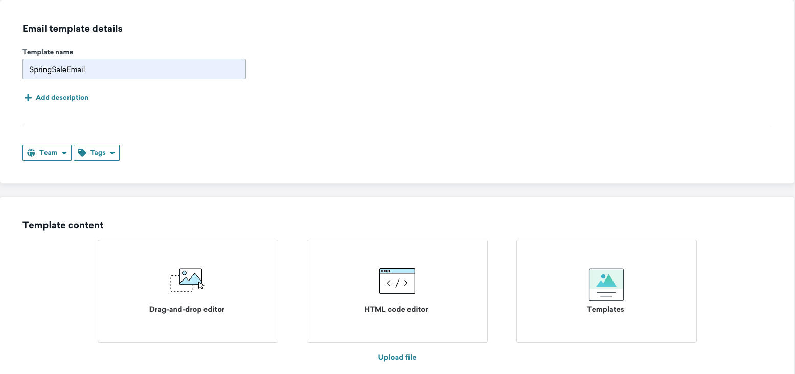 Ein E-Mail-Template für den Frühlingsverkauf eines Unternehmens mit Optionen zur Auswahl des Drag-and-drop-Editors oder HTML-Editors oder zur Auswahl aus Braze-Templates.