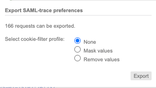Menü „Export SAML-trace preferences“ mit ausgewählter Option „None“.