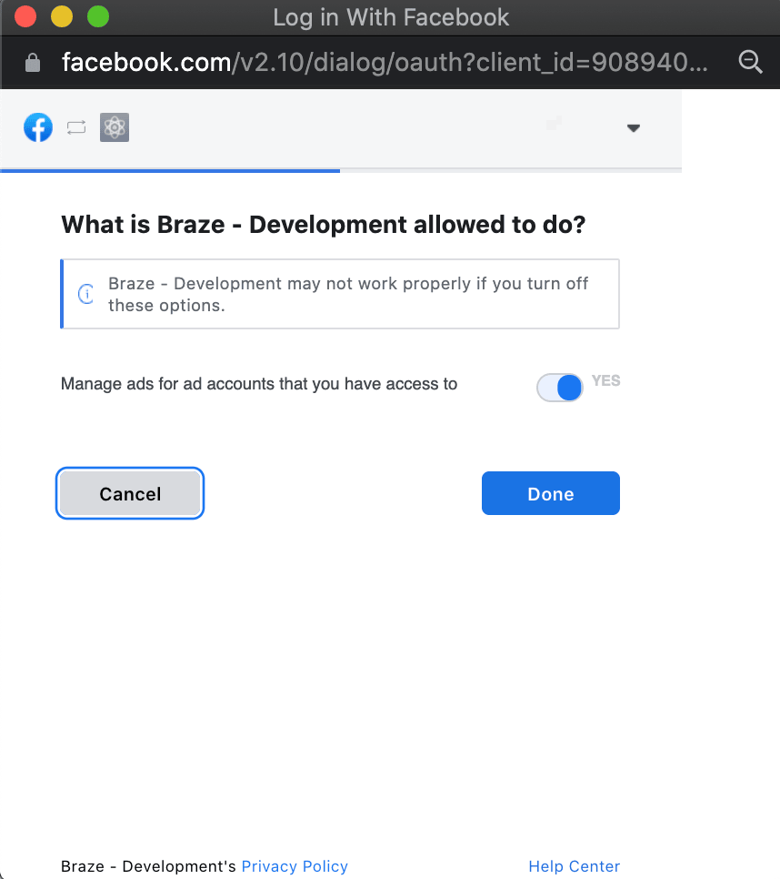 Das zweite Facebook-Dialogfeld, in dem Sie um die Erlaubnis gebeten werden, Anzeigen für Ihre Werbekonten zu verwalten.