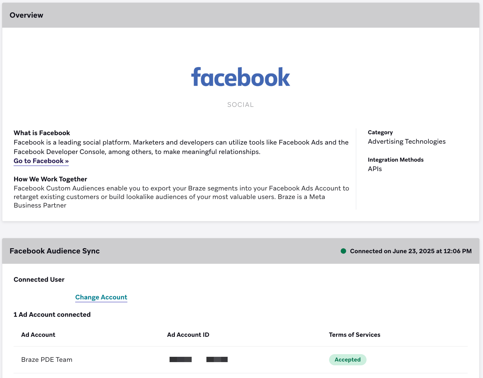 Eine aktualisierte Version der Technologie-Partnerseite von Facebook, auf der die erfolgreich verbundenen Werbekonten angezeigt werden.
