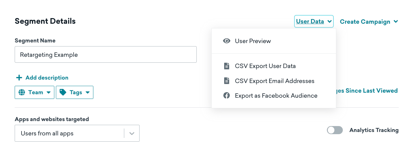 Der Abschnitt „Segmentdetails“ eines Segments, in dem „User Data“ ausgewählt ist und eine Dropdown-Liste mit Optionen angezeigt wird, die „Export as Facebook Audience“ enthält.